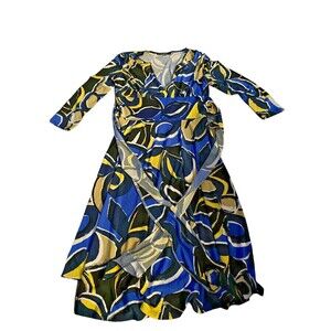 B Moss Womens Sz S Fit & Flare Dress Blue Black Floral Tie Waist Long Sleeve